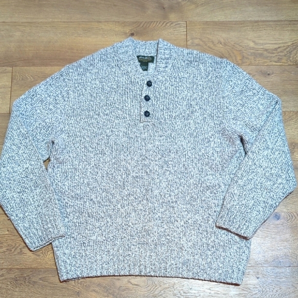 Eddie Bauer Sweater Mens Gray Fisherman Chunky Knit Henley Wool Blend Soft XL - Picture 1 of 9